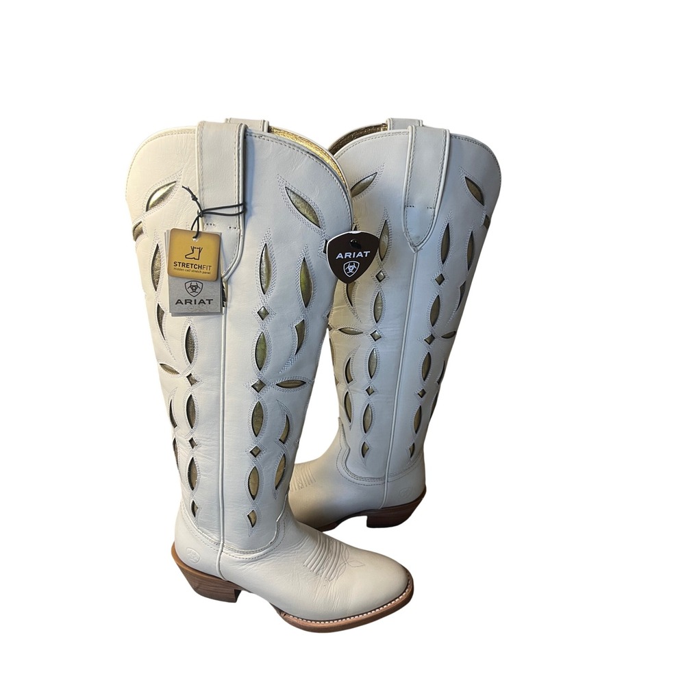 Ariat White Leather Gold Cutout StretchFit Tall Western Cowboy Boots Zipper